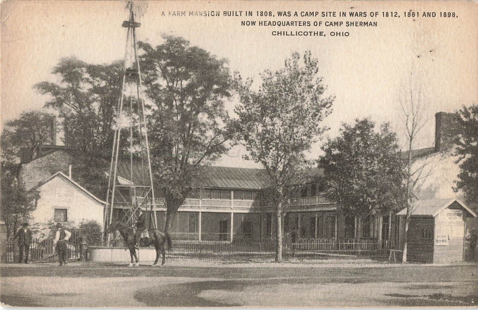 Postcard Chillicothe, Ohio: Camp Sherman HQ, Farm Mansion Built 1808, War 1812