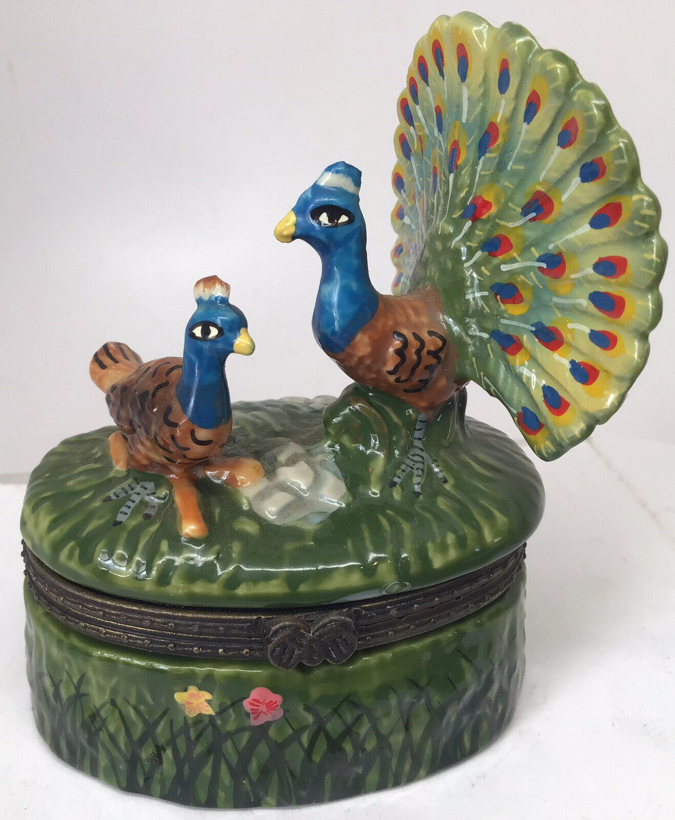 Vintage Porcelain Hinged Trinket Box Two Peacocks Mother Baby 3 3/8”H (12)