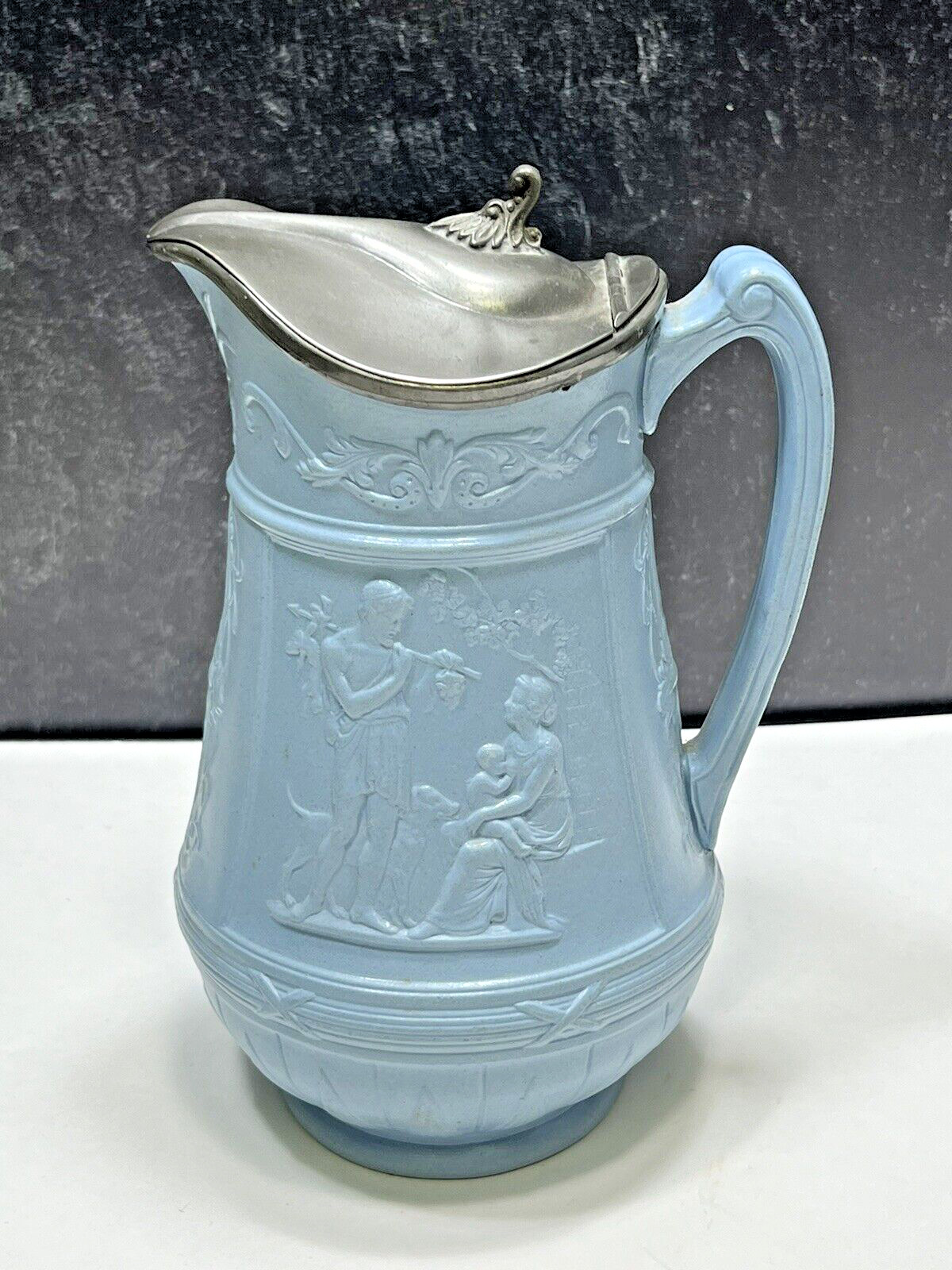 Antique Relief Molded Pitcher Jug Drabware Pewter Hinged LId Old & Young Couple