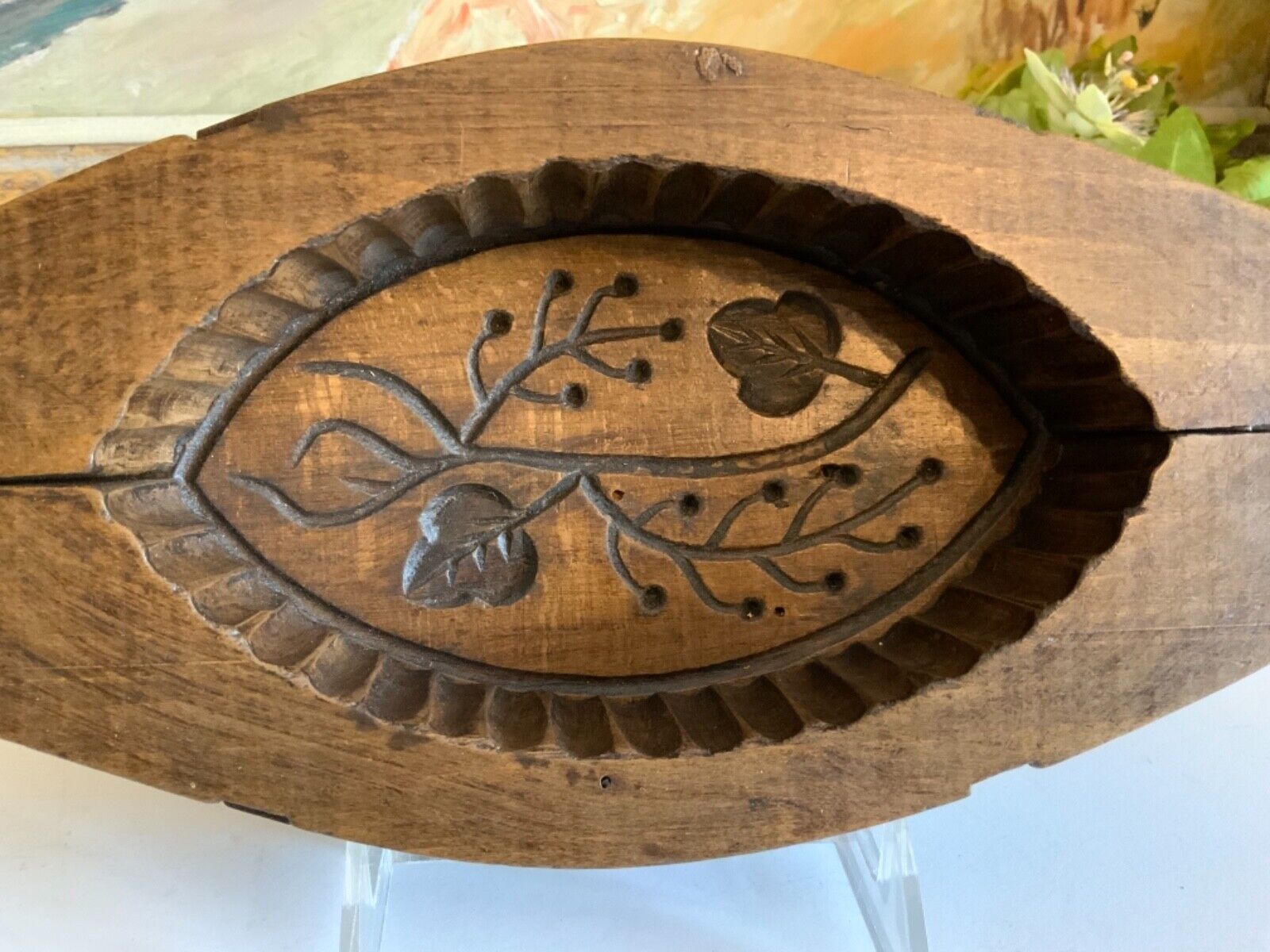 Antique 19thC French Wood Butter Mold Stamp Print Carved Berry & Leaf Farmhouse