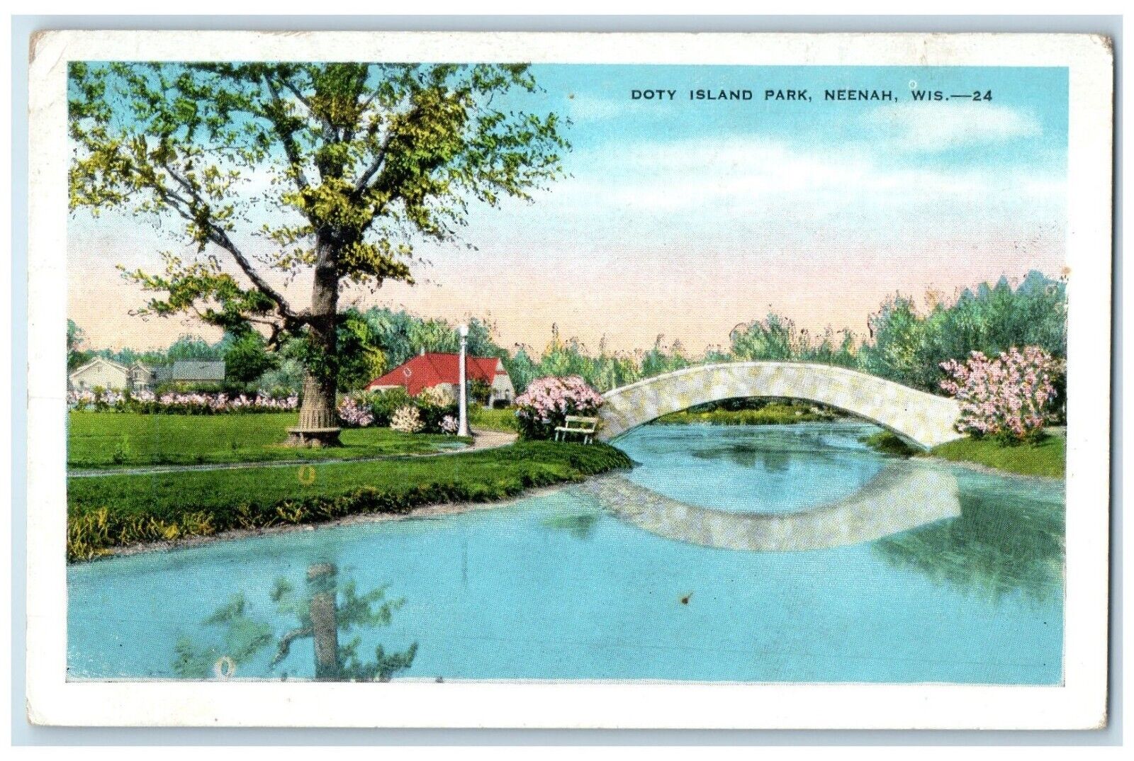 c1930\'s View Of Doty Island Park Bridge Neenah Wisconsin WI Vintage Postcard