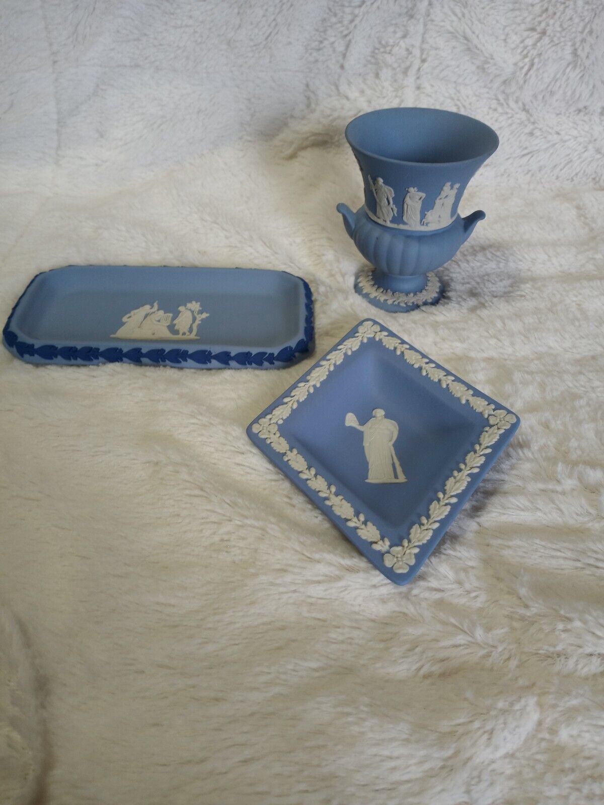 Vintage Wedgwood Blue Bundled  Vase,rectangle Dish And Triangle Shaped...