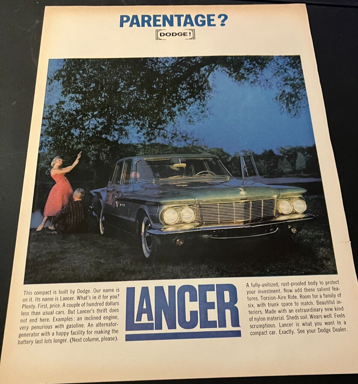 1961 Dodge Lancer - Vintage Original Automotive Color Print Ad / Wall Art  NICE