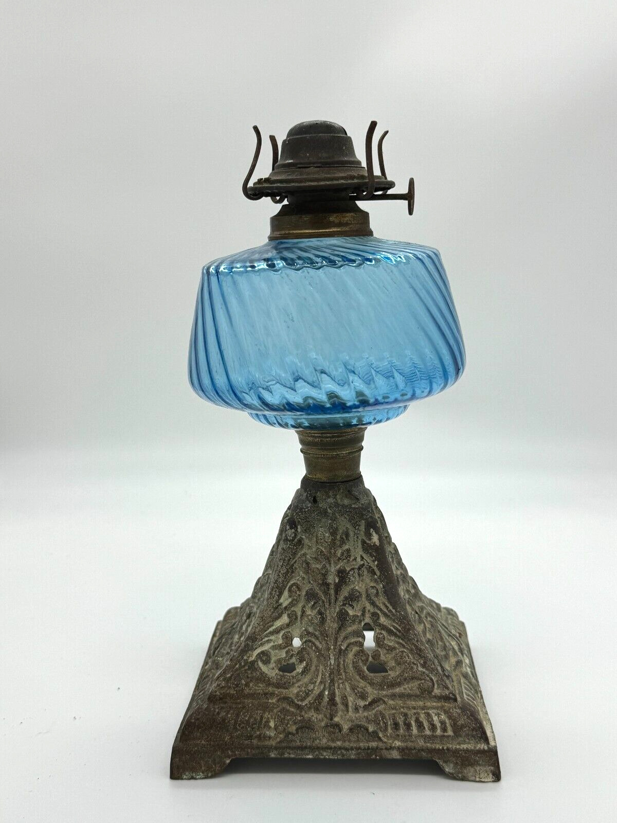 Victorian Cast Iron Based Kerosene Lamp w Blue Glass Shade