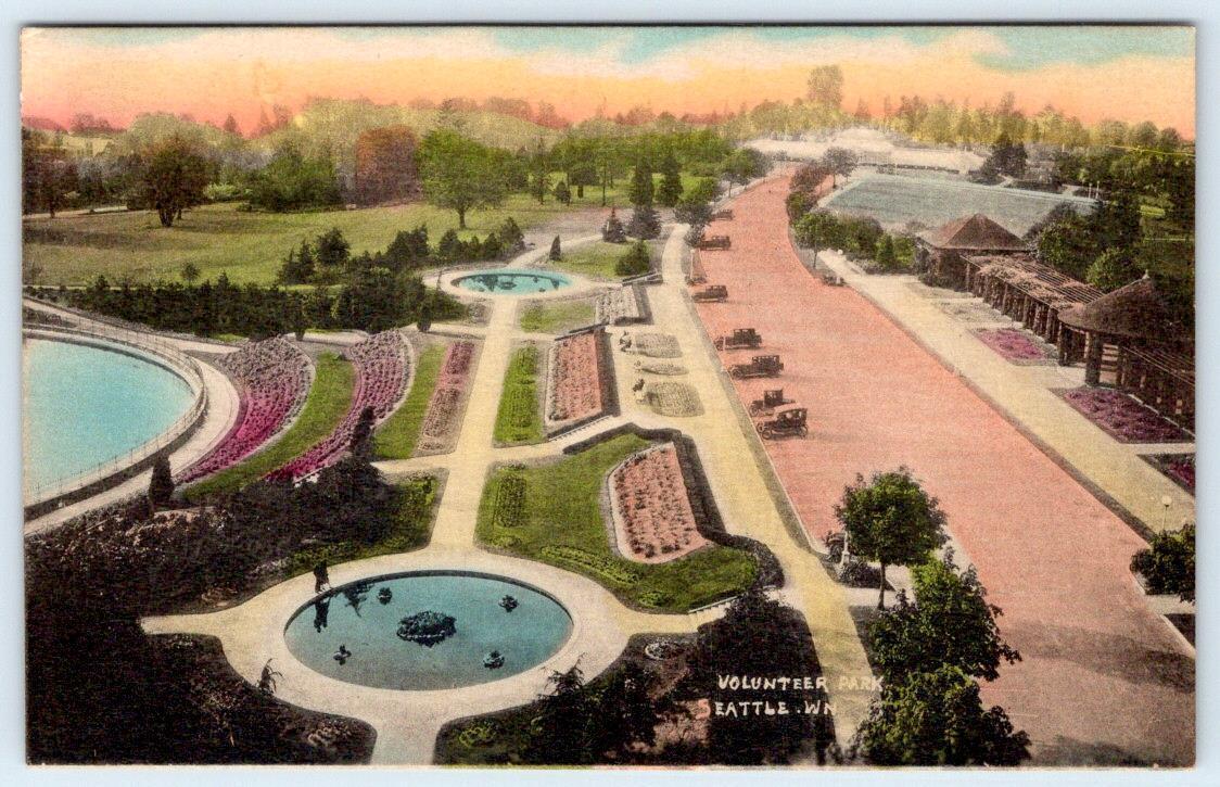 1920's SEATTLE WASHINGTON WA VOLUNTEER PARK AERIAL HAND COLORED ANTIQUE POSTCARD