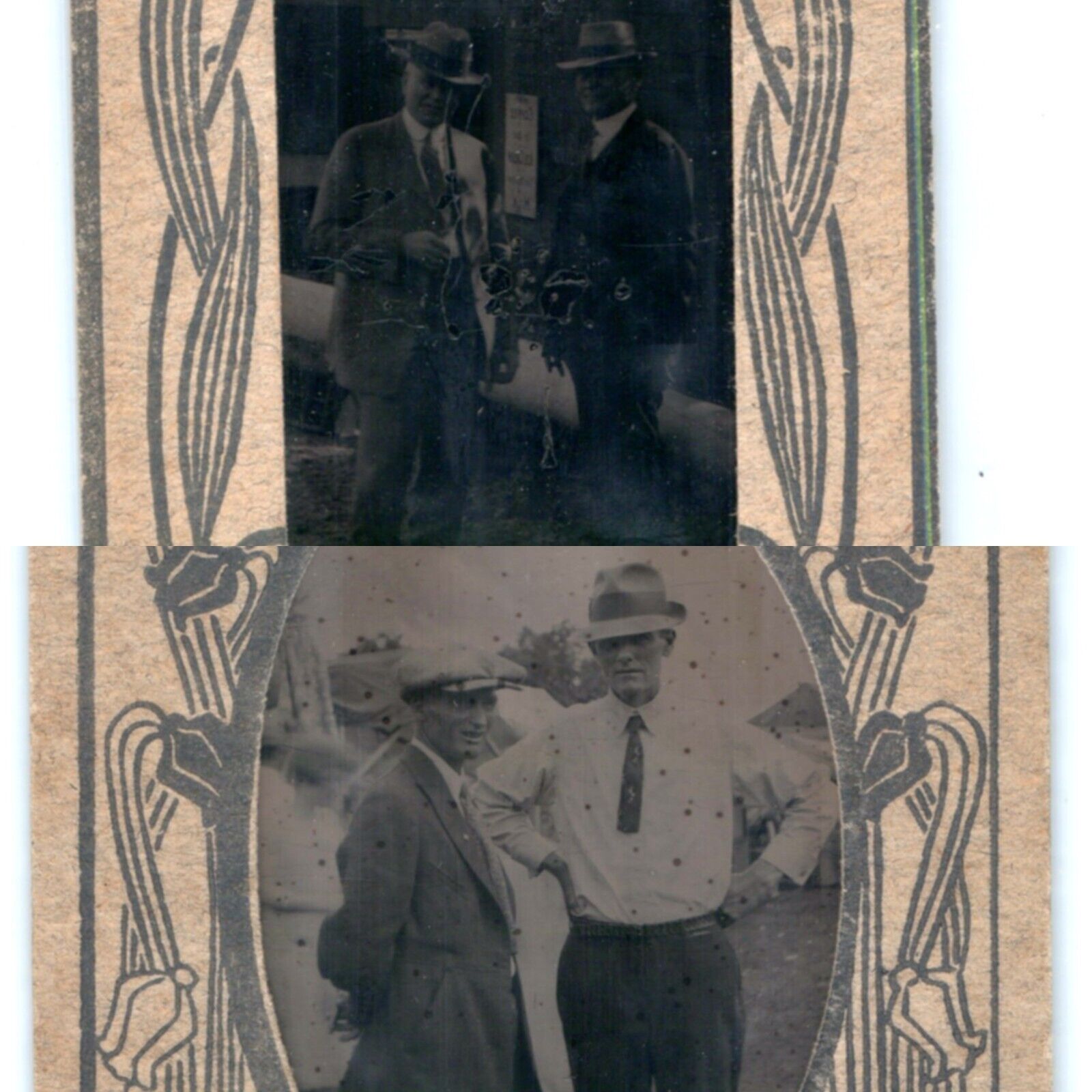 x2 c1880s-1900s Outdoor Men Suits Hats Business Tintype Photo Floral Sleeve H30