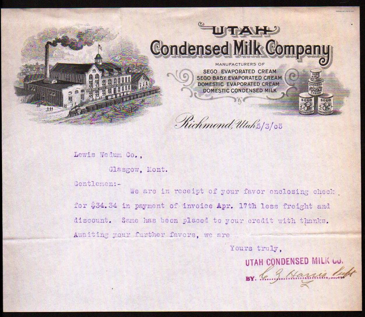 1905 Richmond - Utah Condensed Milk Co - Vintage History Rare Letter Head Bill