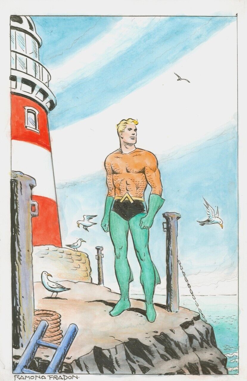 Ramona Fradon Signed Aquaman Original DC Comics Art Sketch w/ Seaside Lighthouse