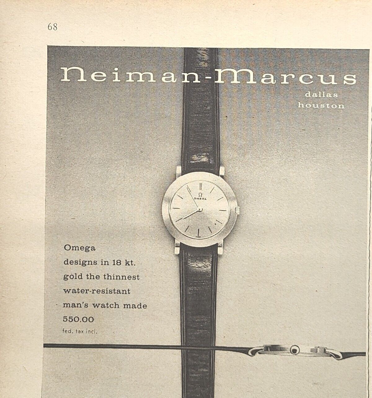 Neiman-Marcus Omega Man\'s Watch 18kt Gold Dallas Houston Vintage Print Ad 1958