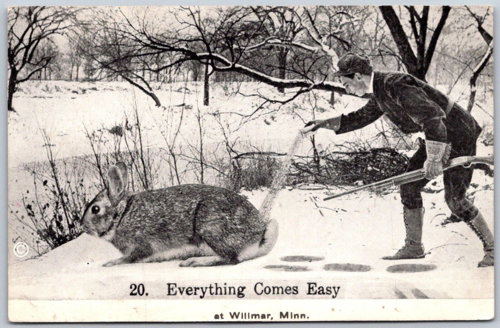 Postcard MN Willmar Minnesota Hunter Exaggerated Rabbit MN03