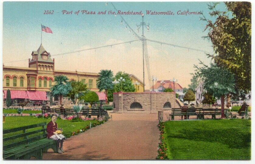 Watsonville CA Plaza and Bandstand Postcard California