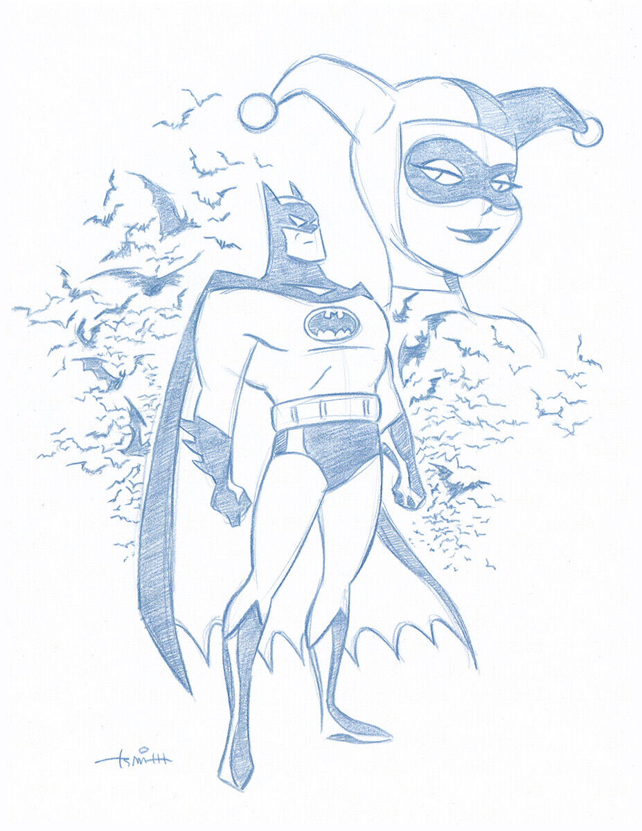 Batman / Harley Quinn Convention Blue Line Sketch by Batman Animator-Art Drawing