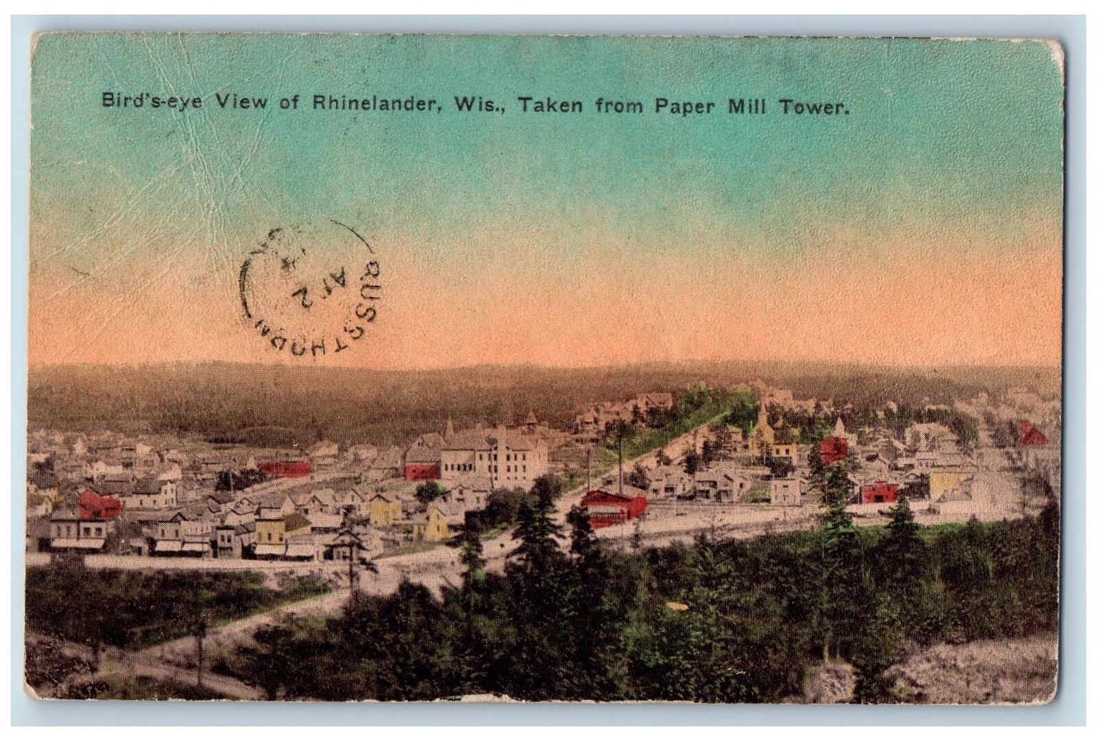 c1914 Bird's Eye View Rhinelander Wisconsin From Paper Mill Tower Grove Postcard