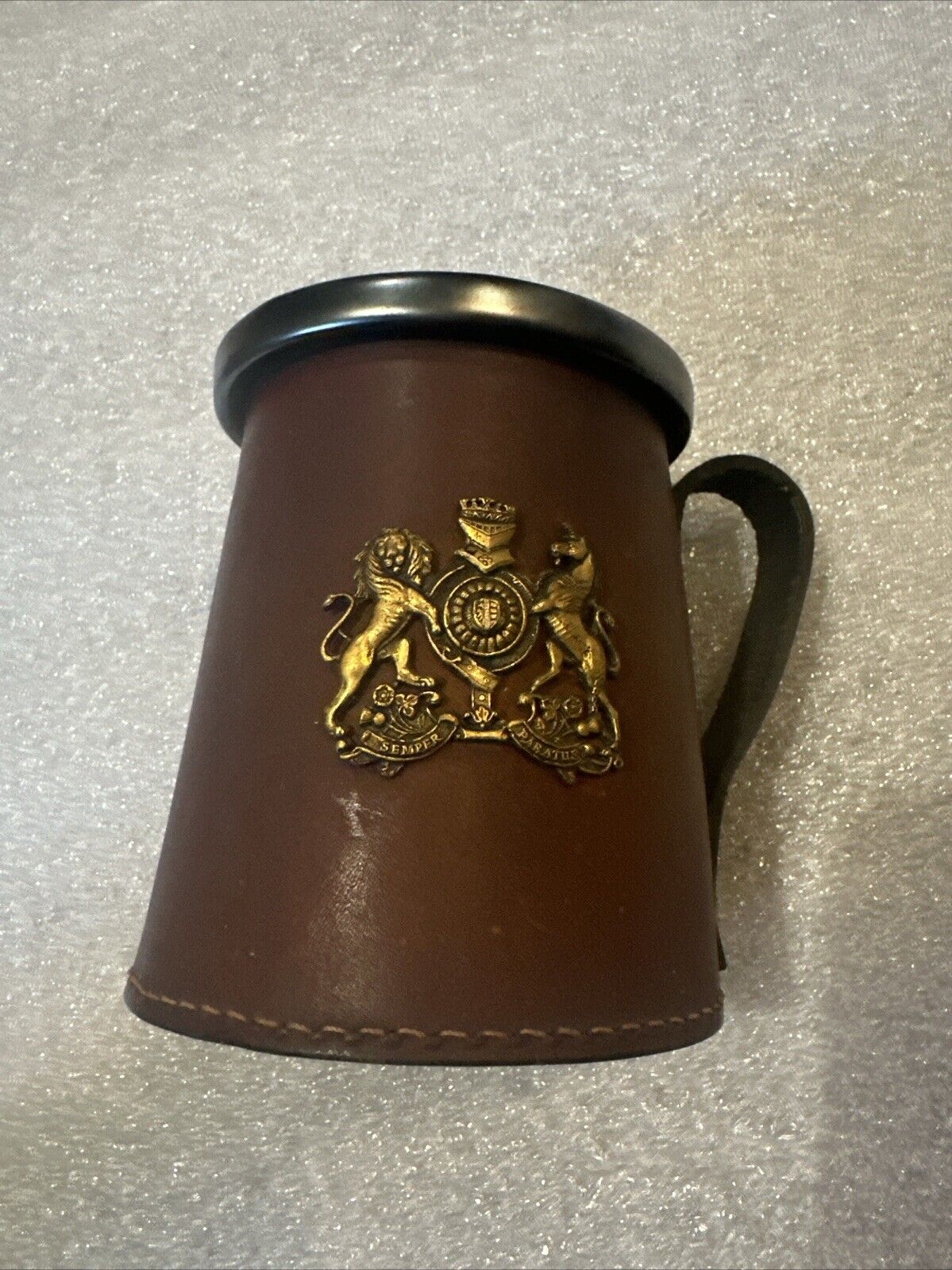 Vintage Leather Case Mug Tankard  RealHide Made in England Brass Crest Steampunk