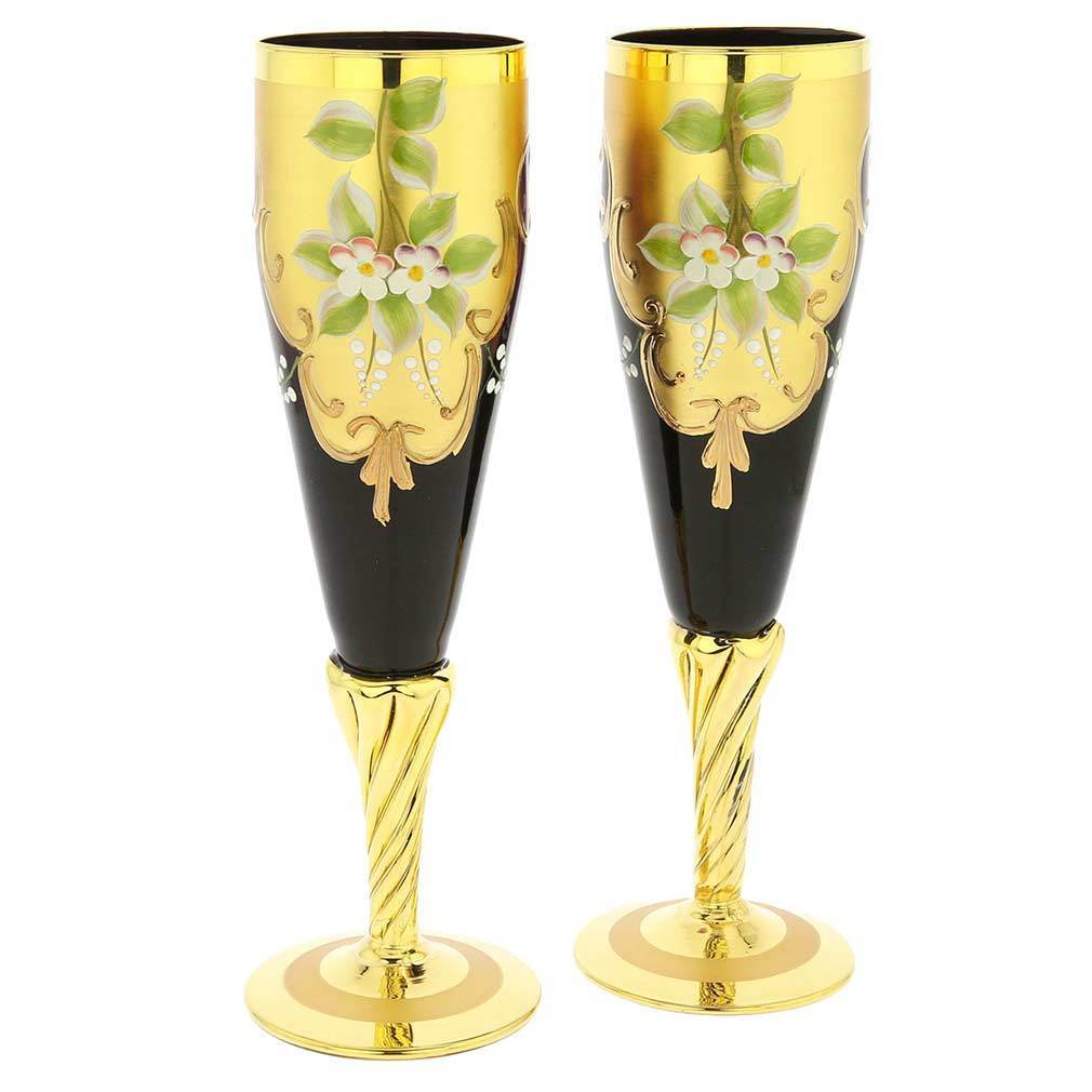 GlassOfVenice Set of Two Murano Glass Champagne Flutes 24K Gold Leaf - Purple