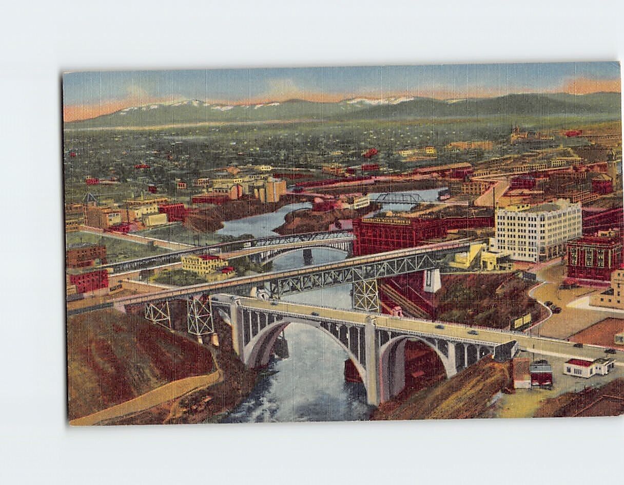 Postcard Spokane Washington Showing Seven Bridges & Five Waterfalls USA