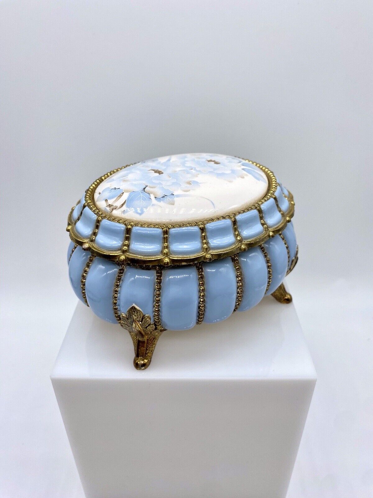 Westland Schmidt Music Box Porcelain Brass Jewelry Blue Roses Regency Works