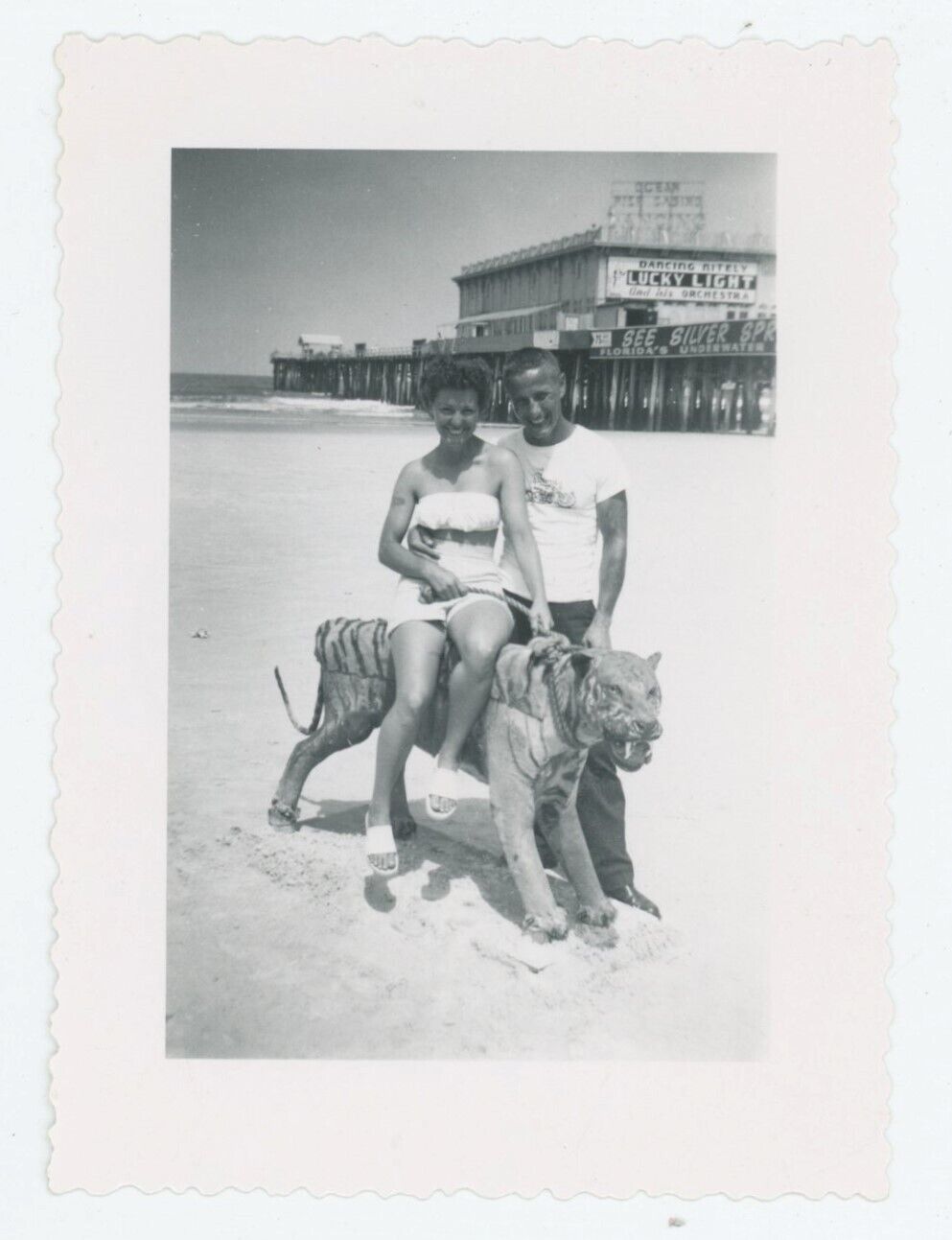 Vintage Photo Sexy Couple Tattoos Sandy Beach Tiger Boardwalk Lucky FL 1953