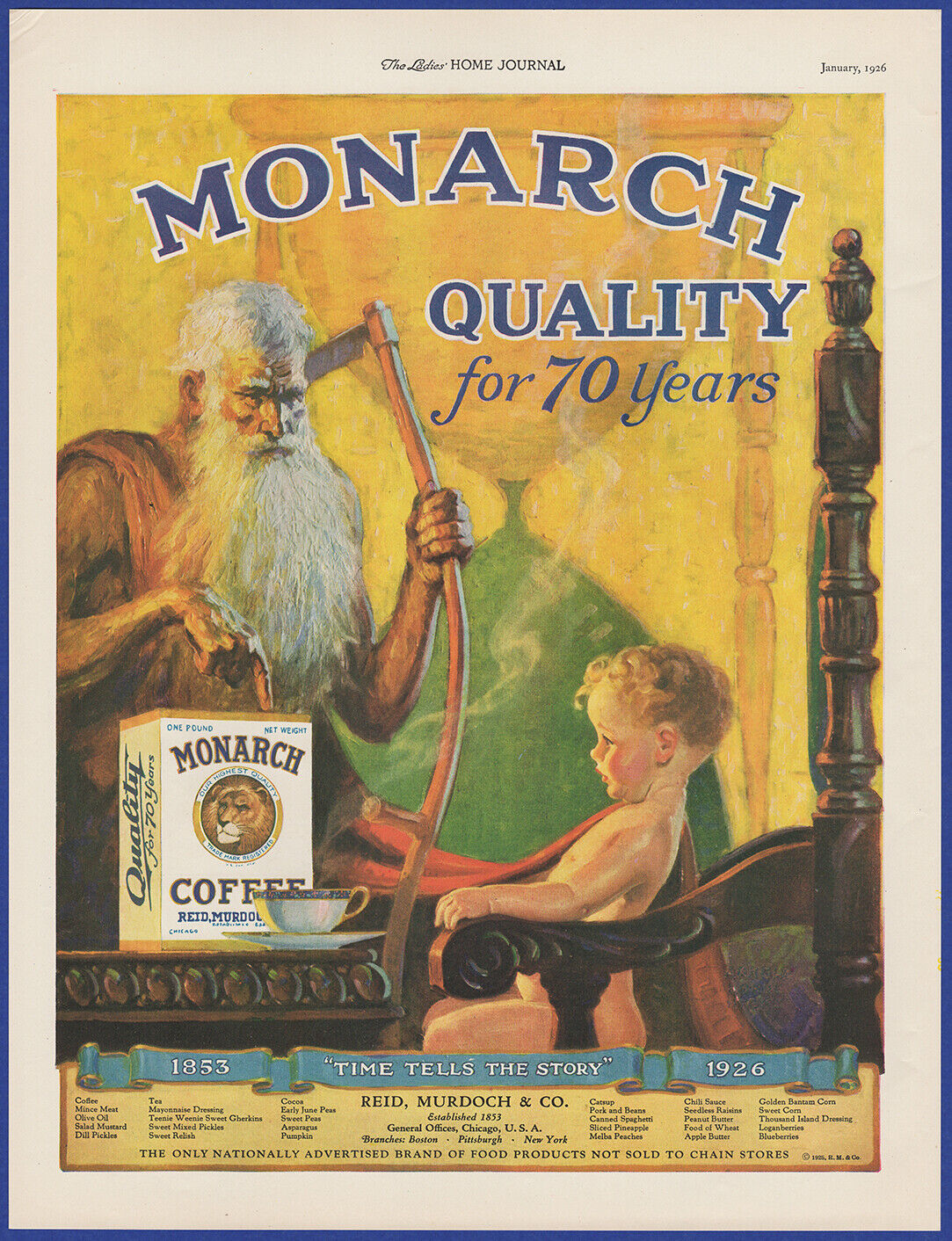 Vintage 1926 MONARCH Quality Foods Father Time New Year\'s Art 20\'s Print Ad