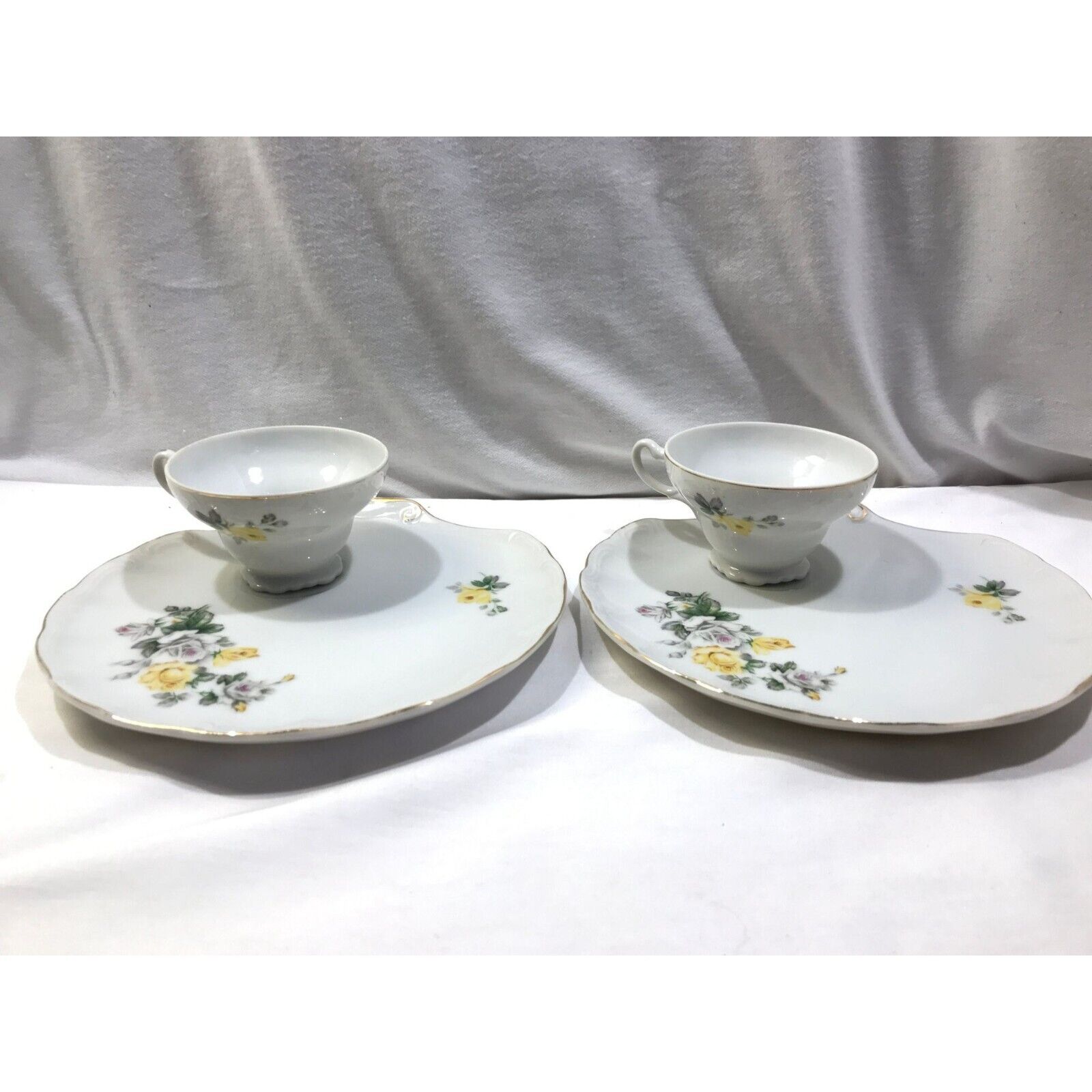 Yellow rose porcelain snack tea set, vintage china snack plate and cup
