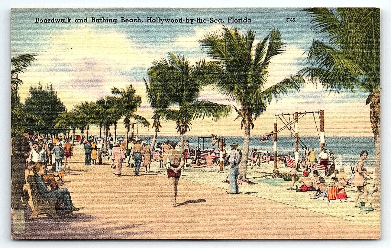 HOLLYWOOD-BY-THE-SEA FLORIDA BOARDWALK AND BATHING BEACH LINEN POSTCARD P5339