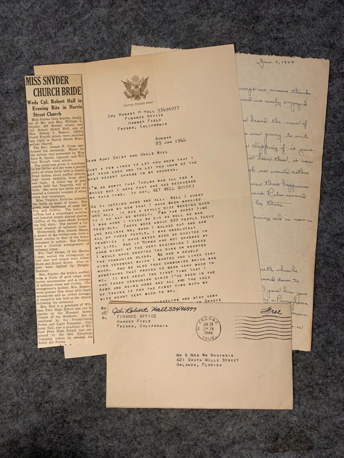 WWII U.S. Serviceman\'s Letter from Fresno to Orlando 1944