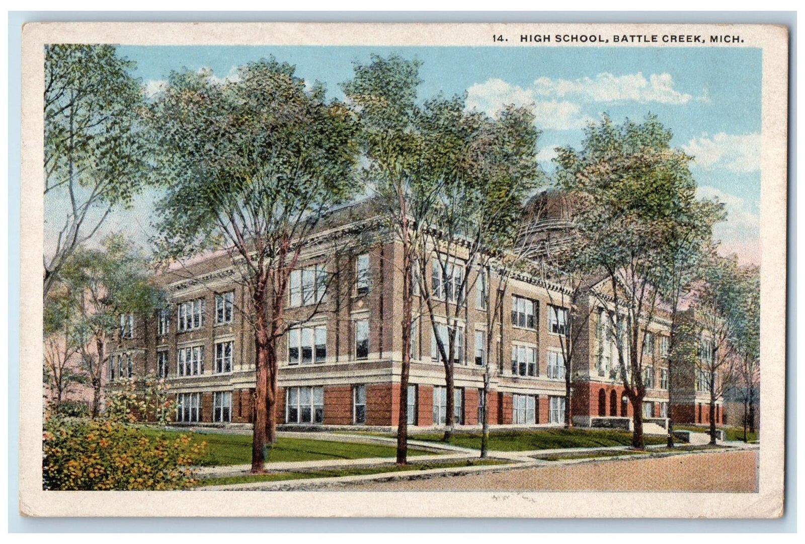 c1920\'s High School Building Campus Trees Dirt Road Battle Creek MI Postcard
