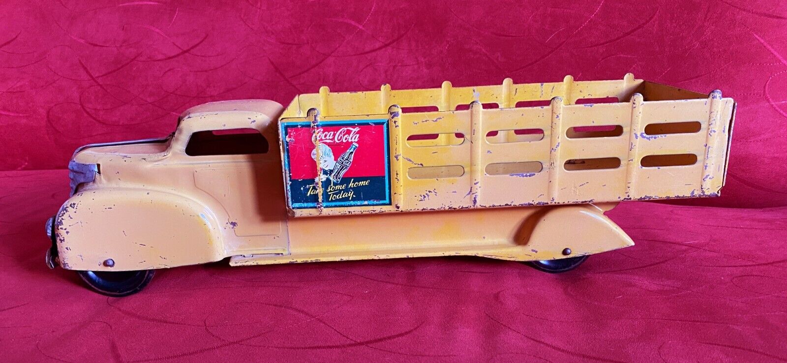 Coca-Cola 1940s MARX Pressed Steel Stake Bed Delivery Yellow Truck