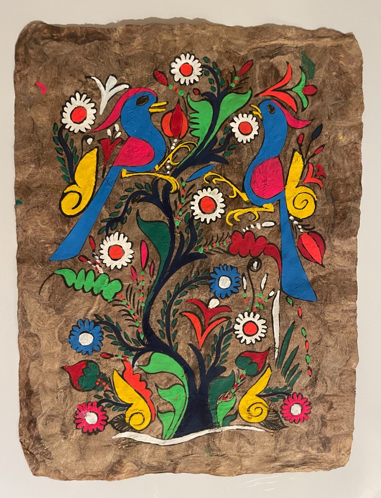 Vintage Mid-60’s Colorful Mexican Folk Art Painting on Amate Tree Bark Parchment