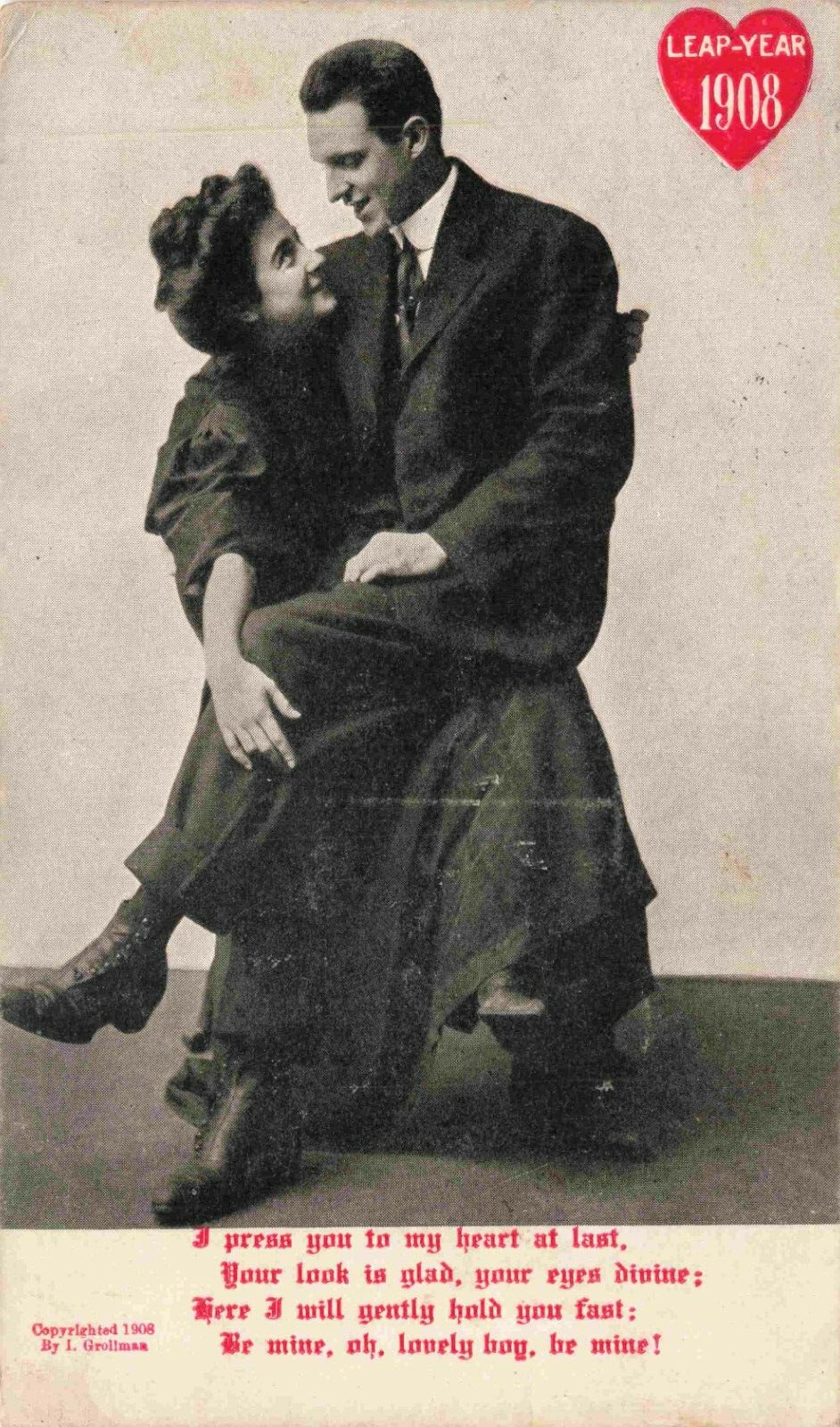 Leap Year 1908 Man Sits on Lady's Lap Love Poem From Her to Him Vintage Postcard