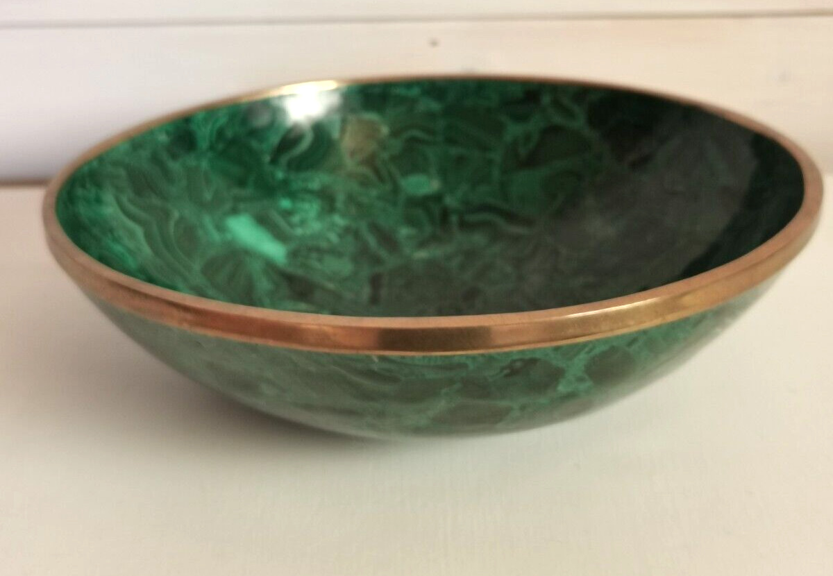 Vintage Green  Malachite Bowl  with  Brass  Rim - 11 3/4 inches