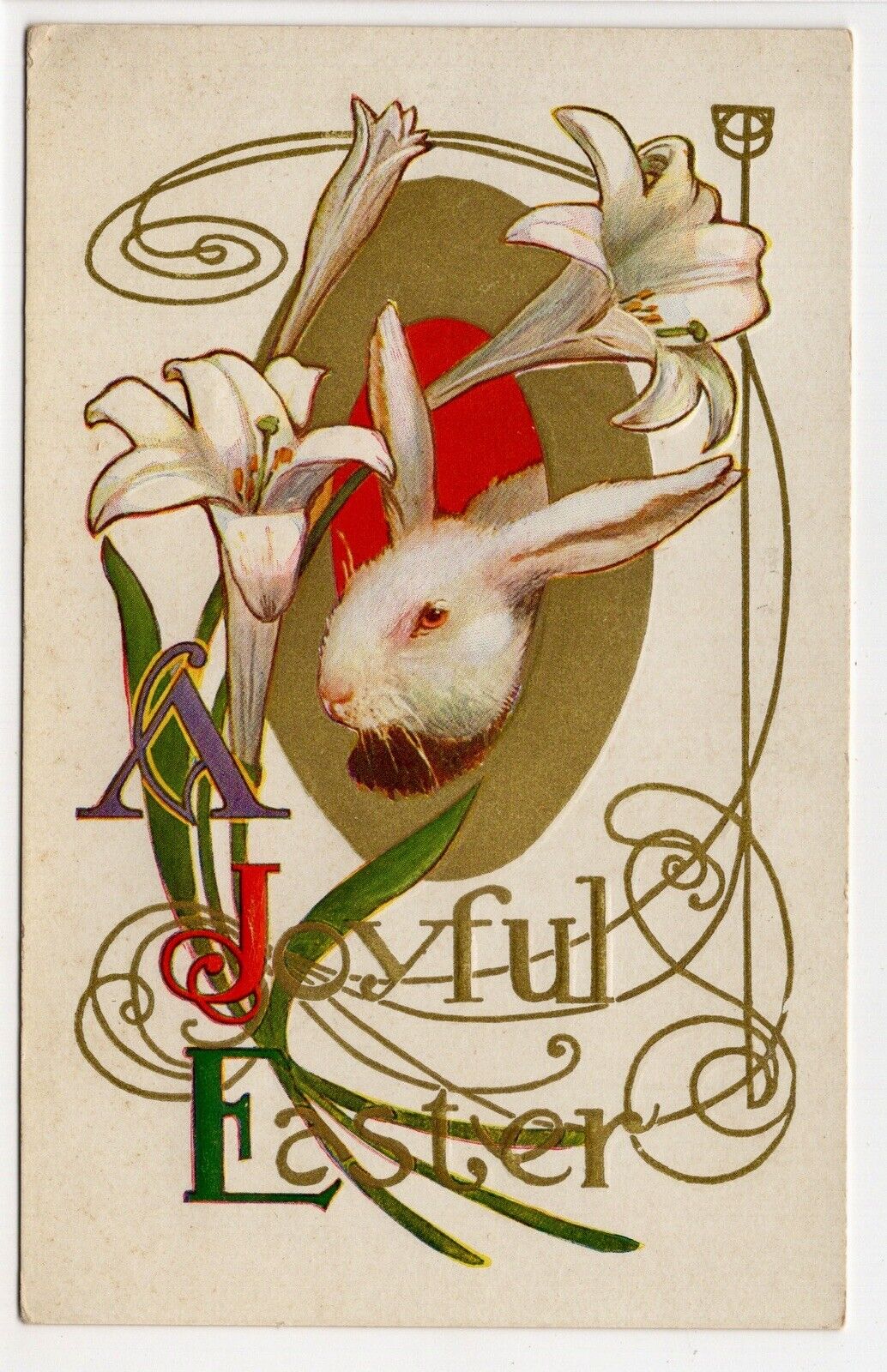 Easter Vintage Postcard White Rabbit Peeks Out of Gold Egg Art Nouveau Gold
