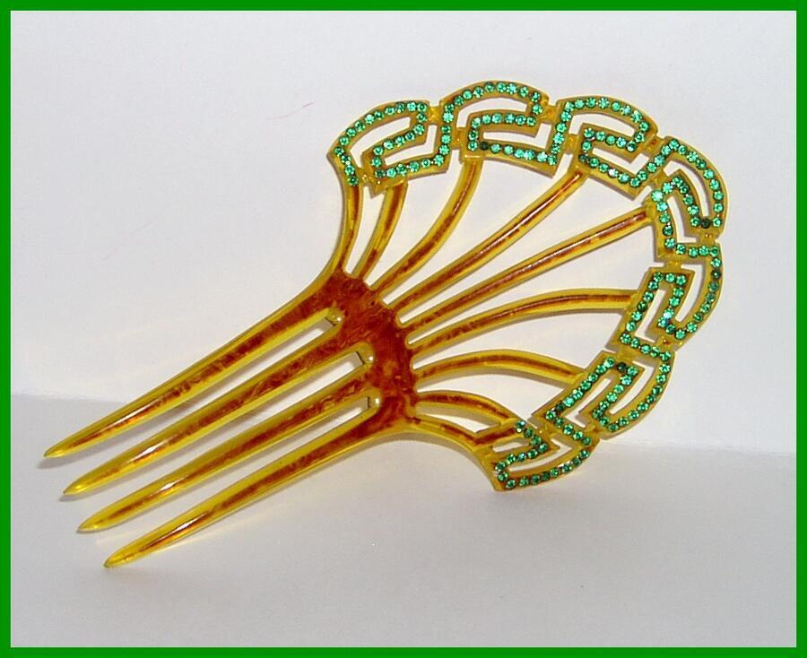 Vintage Amber Celluloid Hair Comb with Green Rhinestones