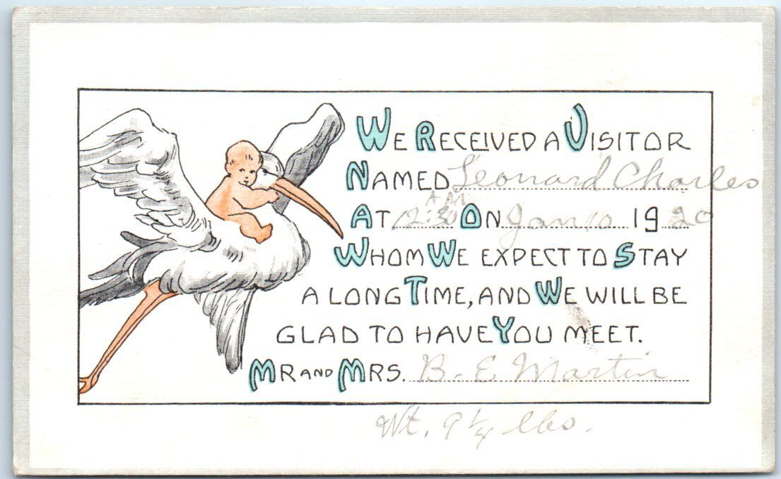 Postcard - baby and Bird Art Print - Received Visitor Card