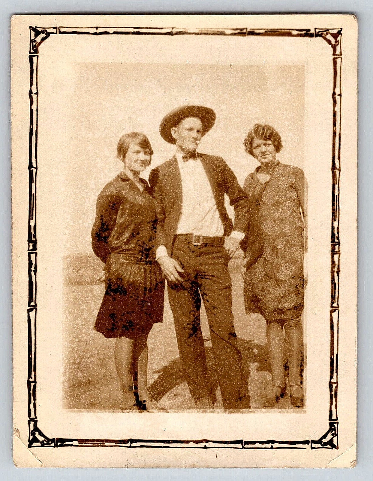 Cowboy And Two Women Portrait, Sepia, Antique, Vintage Photograph, OOAK
