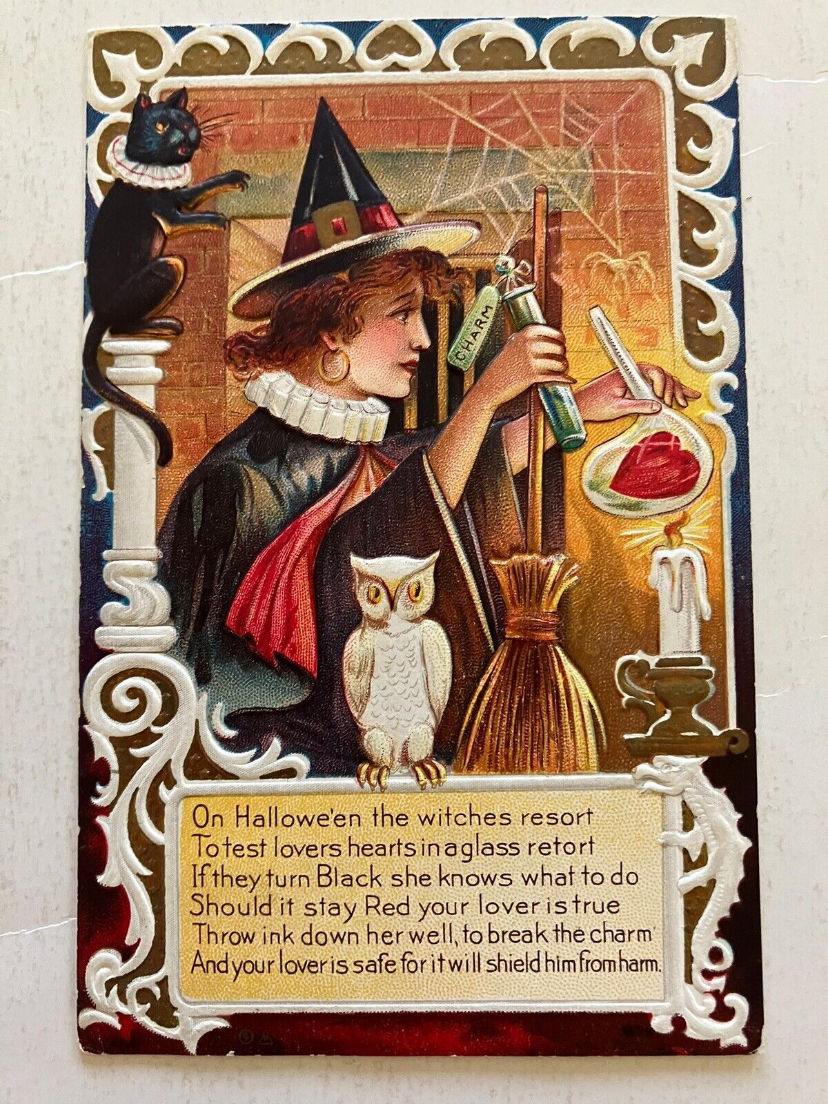 Magic Love Potion On Halloween the Witches White Owl Heart Series # 7 PostCard
