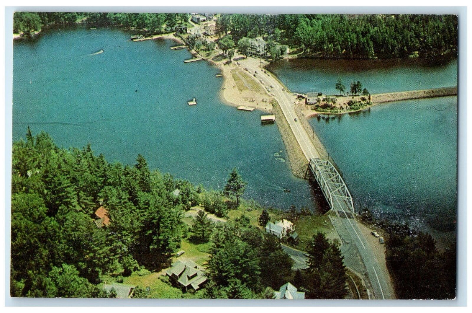 c1950\'s Air View Long Lake Bridge Long Causeway Long Lake New York NY Postcard