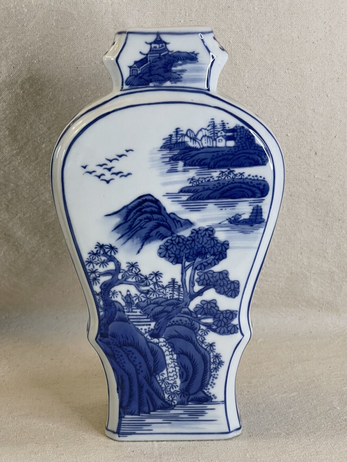 Unique Shaped Porcelain Chinese Asian Landscape Cobalt Blue White Vase Decor 10”