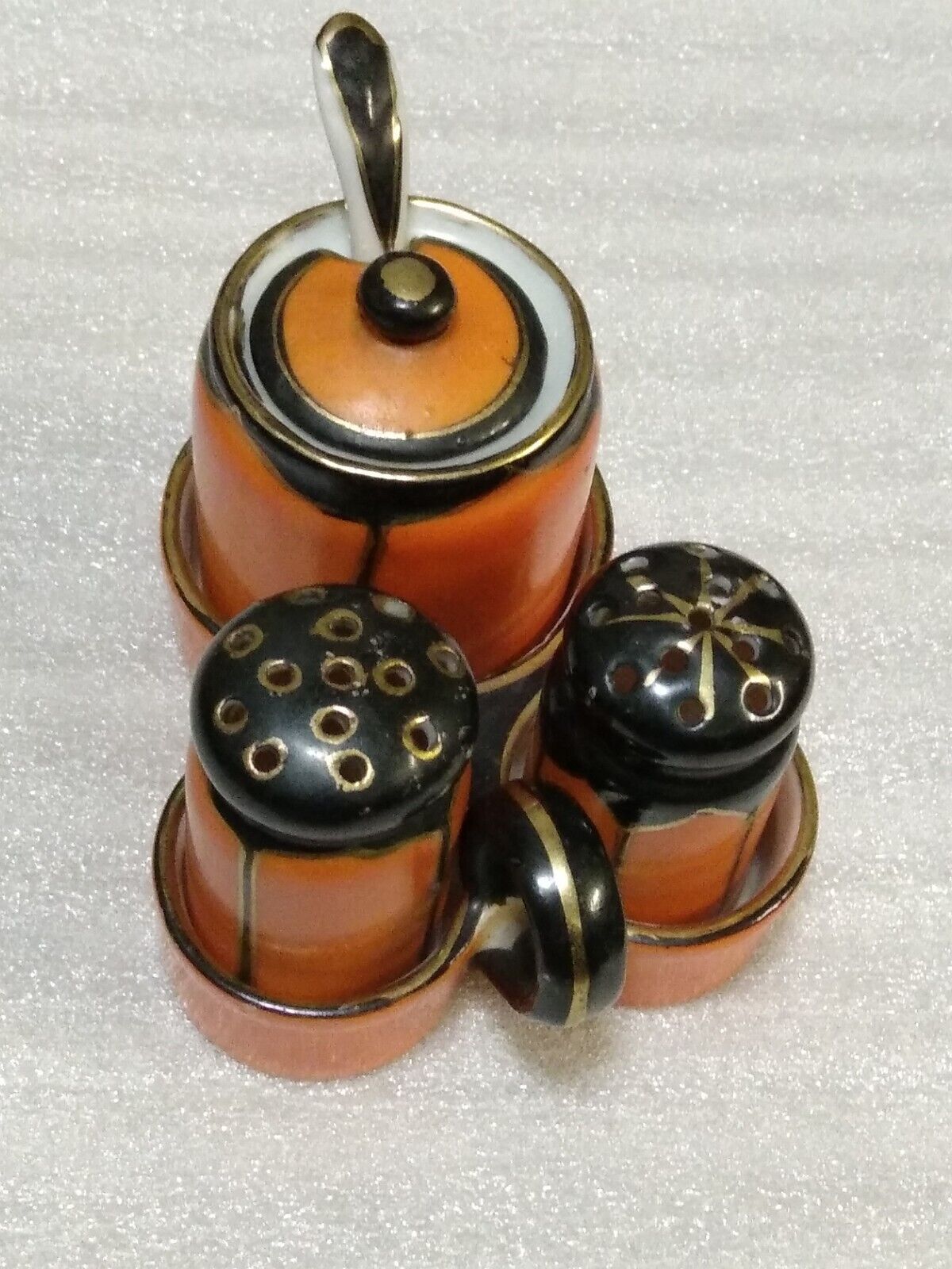 Vtg Orange Black GOLD TRIM Porcelain Salt & Pepper Sugar Jar Serving Caddy Set