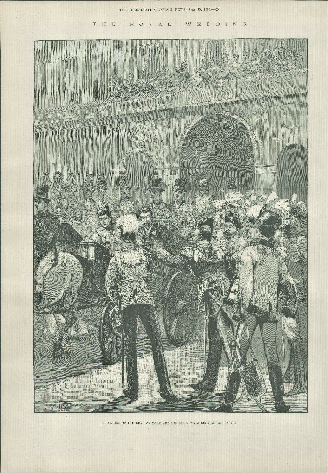 Antique B&W Illustrated Print Duke Of York & His Bride Buckingham Palace 1893