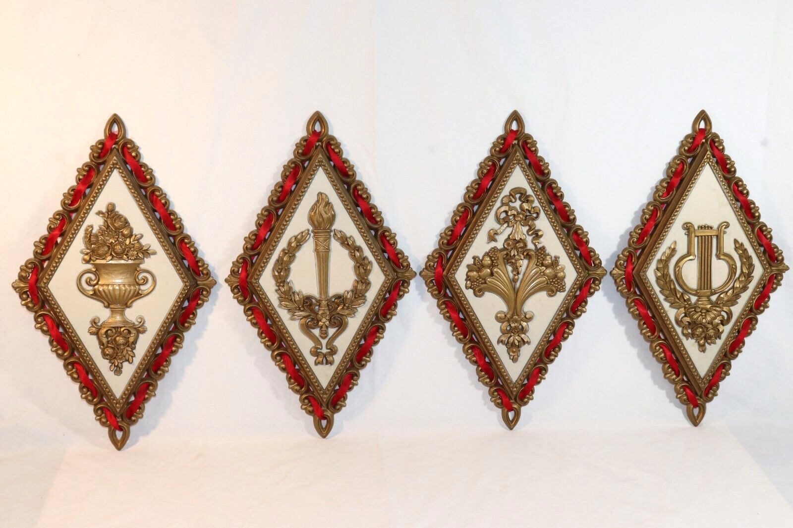 Homco Vintage Wall Plaques Gold w/ Red Diamond Shaped Hollywood Regency Set of 4