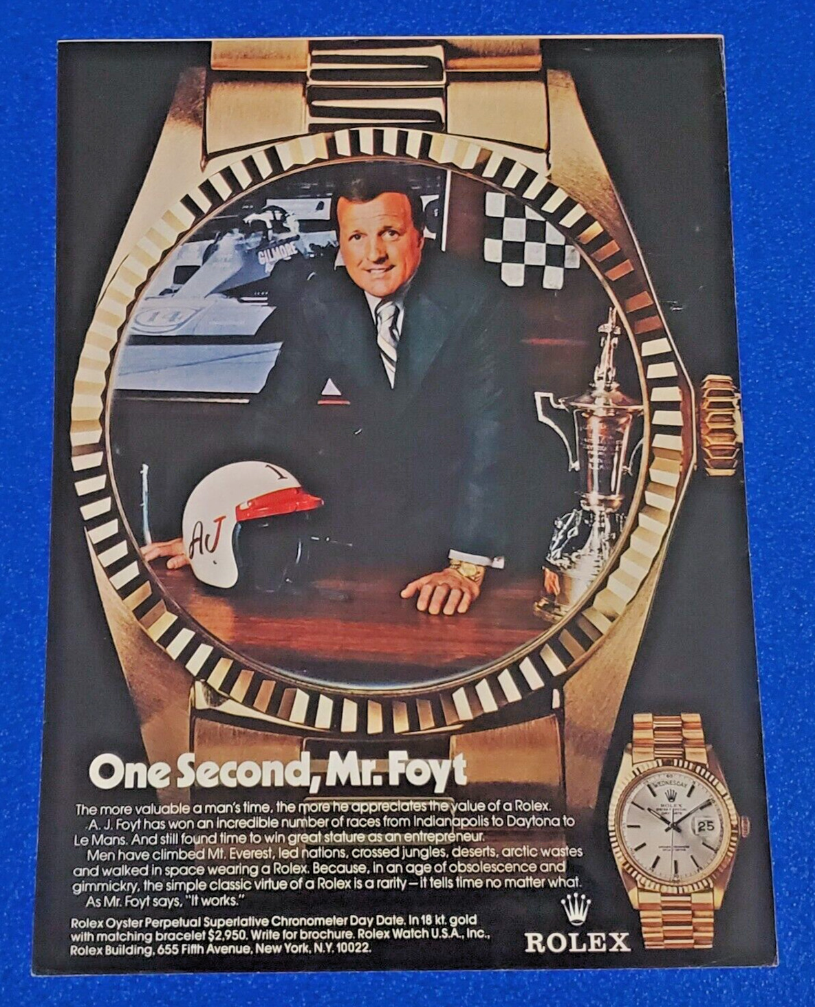 1974 ROLEX OYSTER PERPETUAL SUPERLATIVE CHRONOMETER DAY DATE AJ FOYT PRINT AD