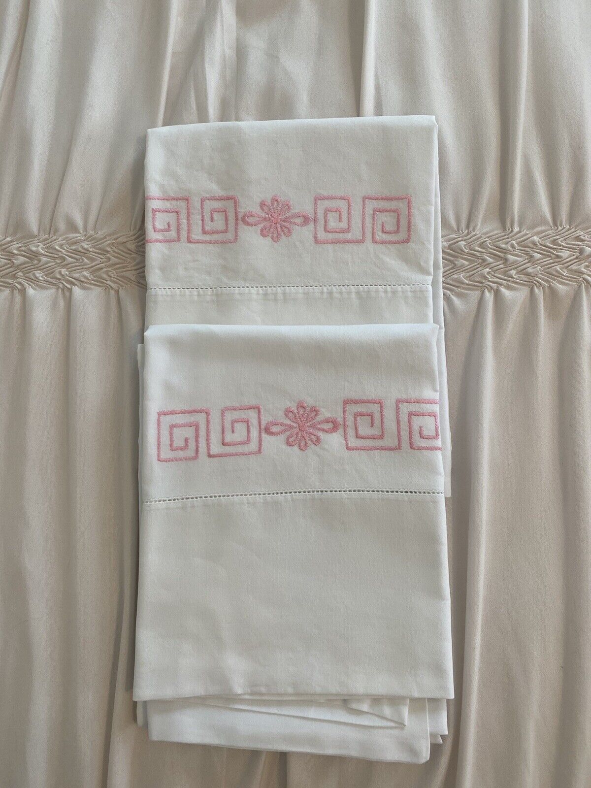 Vintage Embroidered Pillowcases Classic Greek Key Design White & Pink