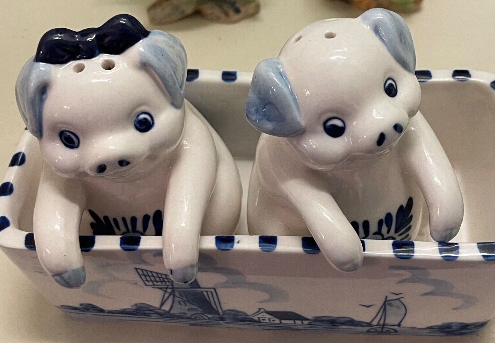 Vintage Delft Blue Hand painted Pigs in a Trough Salt and Pepper Shakers