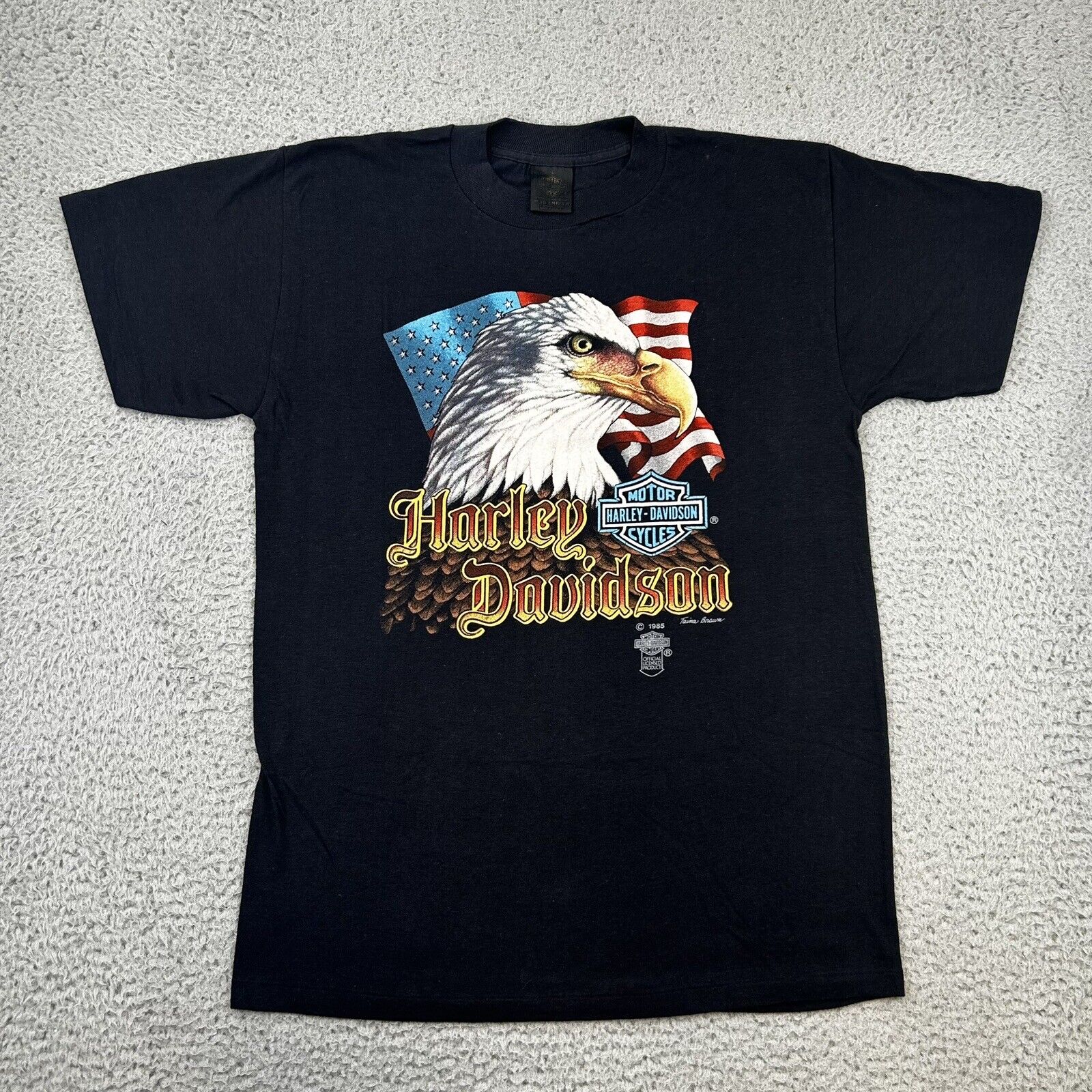 Vtg 1985 Harley Davidson 3D Emblem Freedom Flag Eagle Ohio T-Shirt USA 80s LARGE