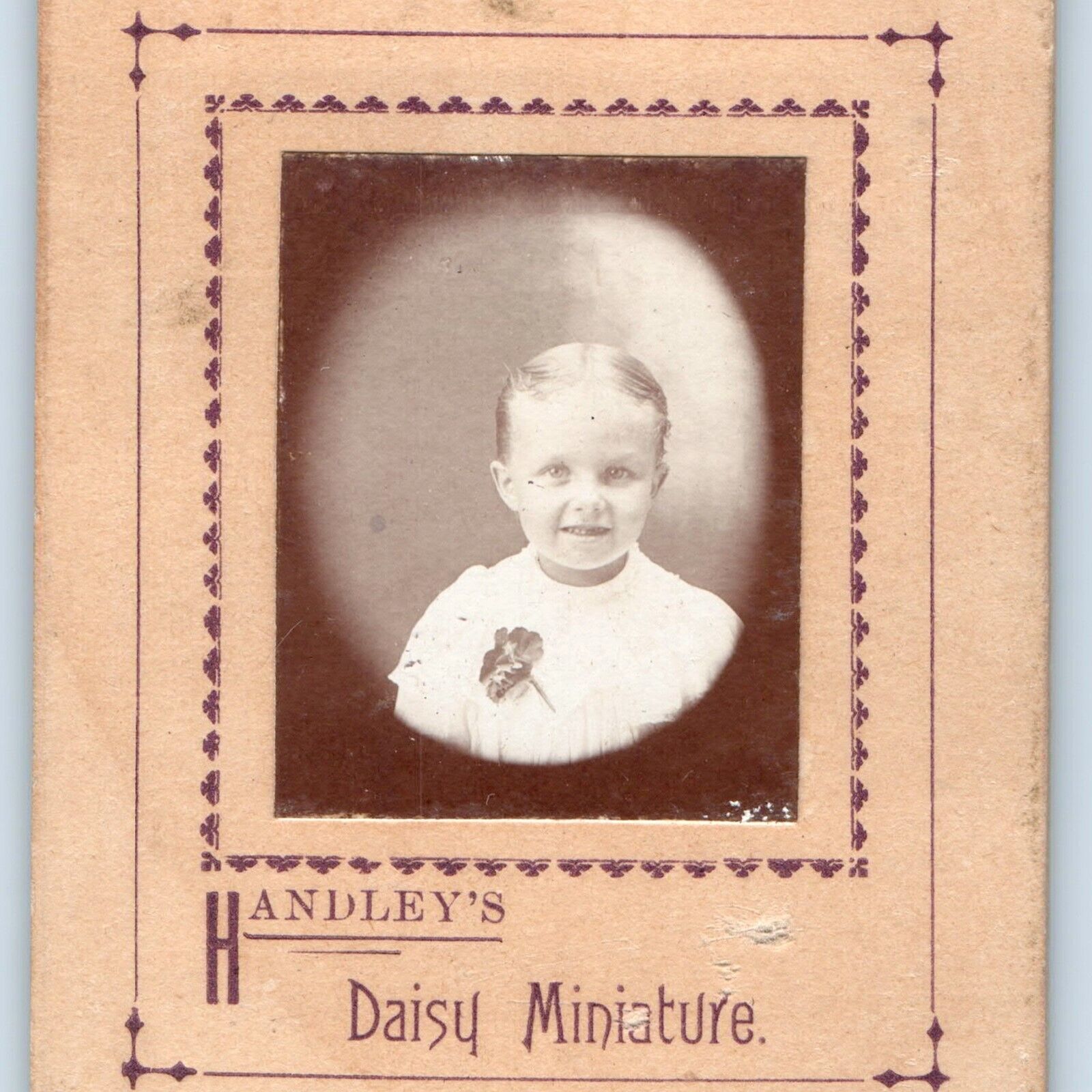 c1890s Cute Little Boy Handley's Daisy Miniature Real Photo Cabinet Card Atq H12