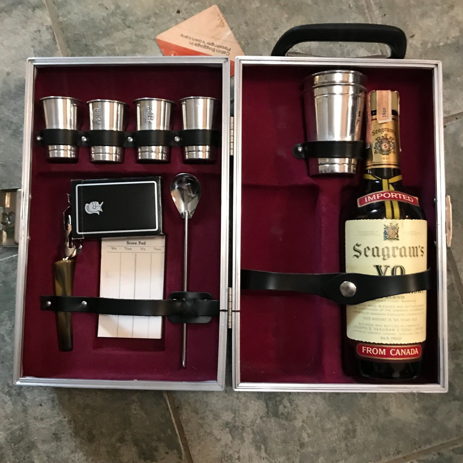 Seagram's V.O. bottle  in travel case 1969