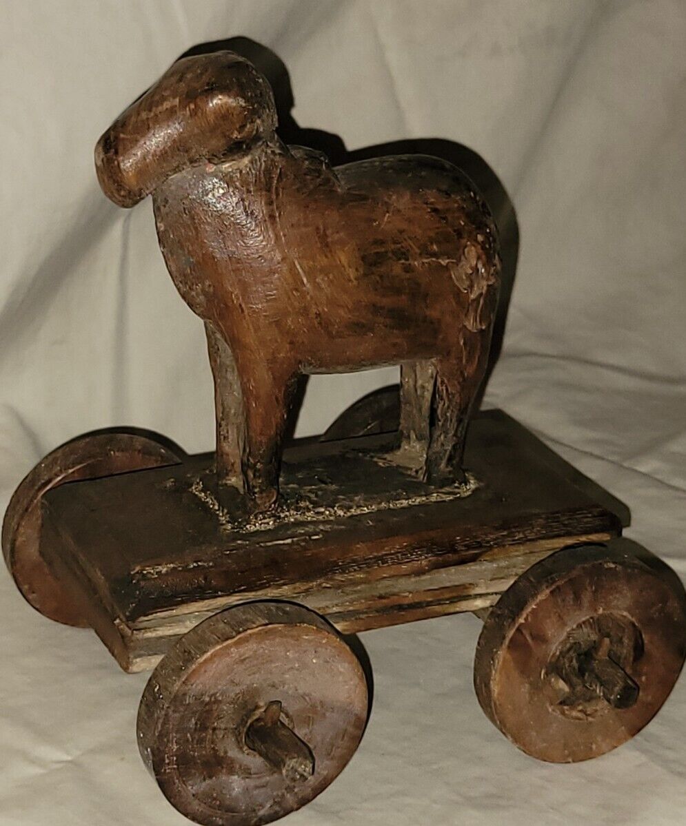  Rare Antique Wooden Handmade Holy Cow Nandi Figurine Toy 7x5x6in approximately 