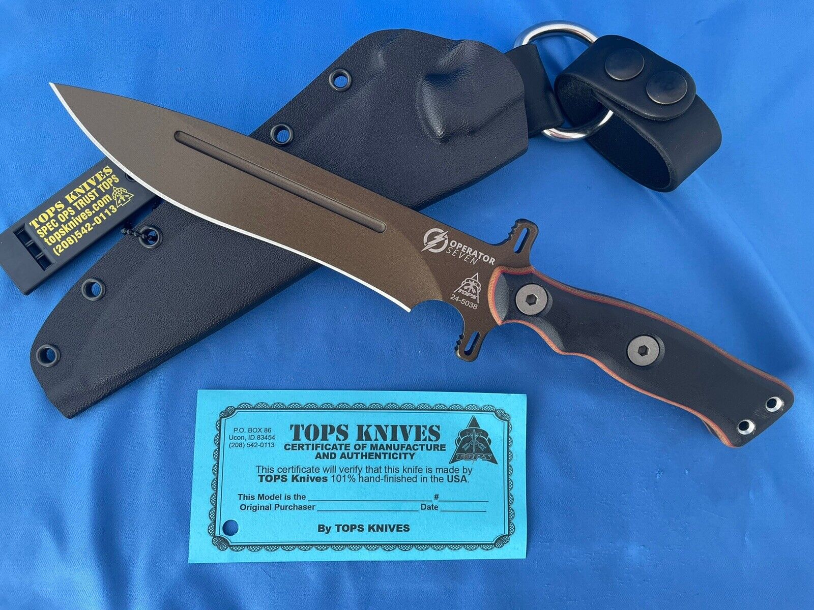 TOPS Operator 7 Knife Bronze 1095 Carbon Tan Micarta Black G-10 Kydex Sheath USA