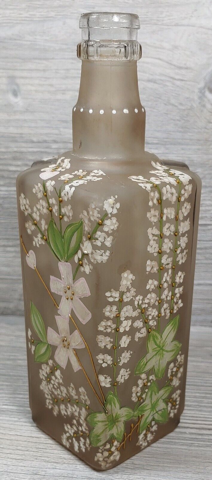 Japanese Glass Decanter Bottle Hand Painted Cherry Blossom Floral Design Vintage